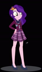 Size: 1734x2975 | Tagged: safe, artist:sarahthefox97, pipp petals, human, equestria girls, g4, g5, black background, clothes, crystal prep academy uniform, equestria girls-ified, female, g5 to equestria girls, g5 to g4, generation leap, high heels, school uniform, shoes, simple background, skinny pipp, slender, solo, thin