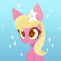Size: 3000x3000 | Tagged: safe, artist:belka-sempai, lily, lily valley, earth pony, pony, g4, beautiful, bust, chest fluff, colored eyelashes, colored pupils, cute, female, flower, flower in hair, gradient background, high res, mare, smiling, solo, sparkles