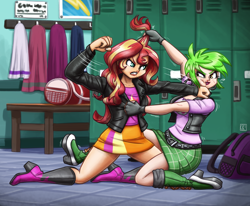 Size: 2450x2015 | Tagged: safe, artist:king-kakapo, cherry crash, sunset shimmer, human, equestria girls, g4, backpack, blood, boots, catfight, clothes, commission, duo, duo female, female, fight, hair pulling, high res, jacket, leather, leather jacket, locker room, lockers, nosebleed, punch, shoes, skirt, towel