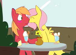 Size: 2292x1667 | Tagged: safe, artist:swomswom, edit, big macintosh, fluttershy, earth pony, pegasus, pony, g4, blush sticker, blushing, cheek kiss, eyes closed, female, flower, food, ice cream, kissing, male, mare, ship:fluttermac, shipping, sitting, stallion, straight, unshorn fetlocks