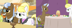 Size: 2008x786 | Tagged: safe, edit, edited screencap, screencap, dainty dove, dane tee dove, fine print (g4), justah bill, tall order, earth pony, pony, unicorn, amending fences, g4, the cutie mark chronicles, bedroom eyes, broccoli, carrot, chair, collar, comparison, cropped, cup, daintyorder, female, food, glasses, herbivore, male, mare, necktie, potato, shipping, smiling, stallion, straight, straw, table