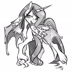 Size: 2048x2048 | Tagged: safe, artist:opalacorn, oc, oc only, oc:bedazzling diamond, alicorn, bat pony, bat pony alicorn, pony, bat pony oc, bat wings, black and white, canon x oc, female, grayscale, head tilt, high res, horn, hybrid wings, looking at you, mare, monochrome, simple background, solo, unshorn fetlocks, white background, wings