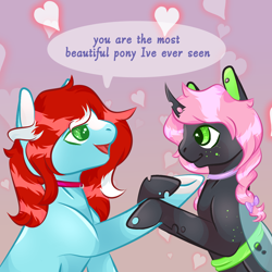 Size: 1500x1500 | Tagged: safe, artist:lebalisa, oc, oc only, oc:oculus, oc:peppermint, changeling, earth pony, pony, couple, female, green changeling, heart, holding hoof, holding hooves, lesbian, looking at each other, looking at someone, love, mare, married couple, oc x oc, shipping, speech bubble, sternocleidomastoid, two toned mane