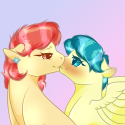 Size: 1200x1200 | Tagged: safe, artist:lebalisa, aunt holiday, auntie lofty, earth pony, pegasus, pony, blushing, canon ship, cute, duo, female, floppy ears, flower, flower in hair, kiss on the lips, kissing, lesbian, lesbian couple, lidded eyes, lofty day, looking at each other, looking at someone, mare, shipping