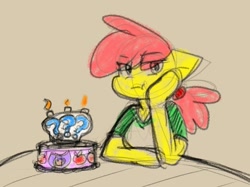 Size: 1104x825 | Tagged: safe, artist:zutcha, apple bloom, earth pony, anthro, unguligrade anthro, g4, birthday cake, cake, clothes, food, hair wrap, hoof on cheek, older, question mark, shirt, sketch, solo, t-shirt, teenage apple bloom