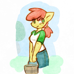 Size: 777x777 | Tagged: safe, artist:zutcha, apple bloom, earth pony, anthro, g4, bucket, clothes, denim, female, freckles, hair wrap, jeans, older, pants, shirt, smiling, solo, t-shirt, teenage apple bloom, wrong eye color