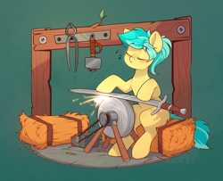 Size: 2016x1634 | Tagged: safe, artist:rexyseven, oc, oc only, oc:karoline skies, earth pony, pony, green background, grindstone, hammer, hay bale, sharpening, simple background, solo, sword, tongs, weapon