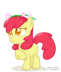 Size: 952x1128 | Tagged: dead source, safe, artist:雨还会一直砸吗_, apple bloom, earth pony, pony, g4, female, filly, floral head wreath, flower, foal, headband, raised hoof, simple background, smiling, solo, white background