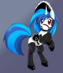 Size: 1257x1455 | Tagged: safe, artist:grumblepluck, edit, editor:anonymous, dj pon-3, vinyl scratch, pony, unicorn, g4, /mlp/ latex requests, adorasexy, bipedal, blinders, bridle, choker, clothes, cute, female, fishnet stockings, gradient background, hat, implied octavia melody, latex, latex socks, maid, mare, rearing, red eyes, saddle, sexy, smiling, socks, solo, stockings, stupid sexy vinyl, sweet dreams fuel, tack, tail, tail wrap, thigh highs, vinylbetes, wrong eye color
