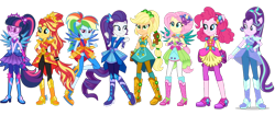 Size: 862x400 | Tagged: safe, artist:uicj, applejack, fluttershy, pinkie pie, rainbow dash, rarity, sci-twi, starlight glimmer, sunset shimmer, twilight sparkle, human, equestria girls, boots, clothes, cowboy boots, crystal guardian, gloves, high heel boots, humane five, humane seven, humane six, shoes, simple background, transparent background