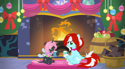 Size: 5382x3000 | Tagged: safe, artist:vi45, oc, oc only, oc:oculus, oc:peppermint, changeling, earth pony, pony, apple, barrel, chocolate, christmas, female, fire, fireplace, food, green changeling, holiday, hot chocolate, lesbian, log, looking at each other, looking at someone, married couple, ornaments, two toned mane