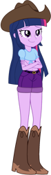 Size: 485x1647 | Tagged: safe, artist:ajosterio, twilight sparkle, human, equestria girls, g4, belt, boots, clothes, clothes swap, cowboy boots, cowboy hat, cowgirl, hat, high heel boots, shirt, shoes, shorts, simple background, solo, stetson, t-shirt, transparent background