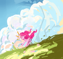 Size: 1280x1203 | Tagged: safe, artist:megalura, pinkie pie, earth pony, pony, g4, cloud, eyes closed, female, grass, grass field, grin, mare, nose in the air, running, sky, smiling, solo, windswept mane