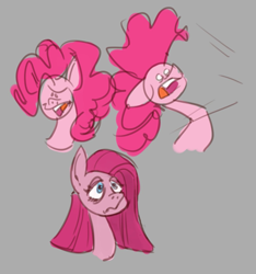 Size: 1057x1129 | Tagged: safe, artist:chal, pinkie pie, earth pony, pony, g4, angry, bags under eyes, doodle, dot eyes, female, gray background, lidded eyes, long neck, mare, open mouth, pinkamena diane pie, sad, simple background, solo, surprised, wide eyes