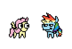 Size: 810x550 | Tagged: safe, artist:punkittdev, fluttershy, rainbow dash, pegasus, pony, g4, duo, eyebrows, female, looking at each other, looking at someone, mare, pixel art, raised eyebrow, simple background, smiling, white background