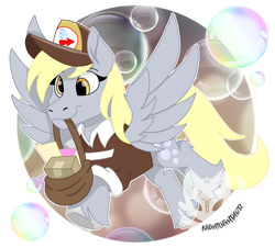 Size: 940x850 | Tagged: safe, artist:nightlightartz, derpy hooves, pegasus, pony, g4, bag, bubble, cute, derpabetes, hat, mailbag, mailmare hat, mailmare uniform, mouth hold, obtrusive watermark, simple background, solo, transparent background, watermark