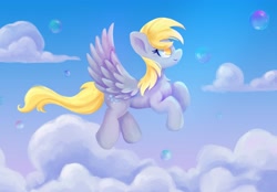 Size: 4096x2849 | Tagged: safe, artist:saphypone, derpy hooves, pegasus, pony, g4, bubble, cloud, female, flying, mare, sky, solo