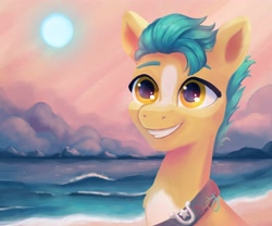 Size: 4096x3413 | Tagged: safe, artist:saphypone, hitch trailblazer, earth pony, pony, g5, beach, cloud, lightly watermarked, male, mountain, mountain range, pale belly, sash, signature, solo, stallion, sunset, water, watermark