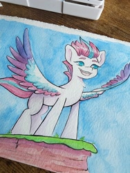Size: 1536x2048 | Tagged: safe, artist:saphypone, zipp storm, pegasus, pony, g5, female, looking forward, mare, photo, solo, traditional art, watercolor painting