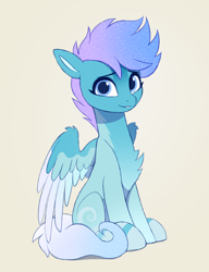 Size: 1800x2340 | Tagged: safe, artist:luminousdazzle, oc, oc only, oc:arctic breeze, pegasus, pony, blue eyes, chest fluff, colored wings, female, leg stripes, mare, markings, multicolored hair, multicolored wings, pegasus oc, simple background, sitting, smiling, solo, stripes, wings