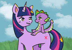 Size: 2048x1423 | Tagged: safe, artist:mlpstim, spike, twilight sparkle, dragon, pony, unicorn, cloud, dragons riding ponies, duo, duo male and female, fangs, female, looking at each other, looking at someone, male, mare, outdoors, riding, sitting, smiling, spike riding twilight, starry eyes, tail, unicorn twilight, wingding eyes