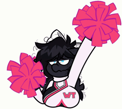 Size: 1200x1076 | Tagged: safe, artist:threetwotwo32232, oc, oc only, oc:femme, earth pony, anthro, animated, bow, cheerleader, female, gif, hair bow, messy hair, pom pom, simple background, solo, white background