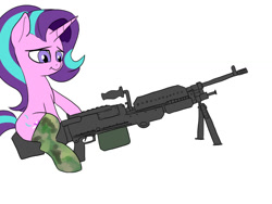 Size: 900x675 | Tagged: safe, artist:slamjam, starlight glimmer, pony, unicorn, g4, clothes, female, gun, m240, mare, simple background, socks, solo, thigh highs, weapon, white background