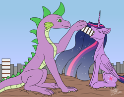 Size: 3662x2876 | Tagged: safe, artist:lightning bolty, edit, editor:snowy comet, spike, twilight sparkle, alicorn, dragon, pony, g4, the last problem, animated, animated png, building, cartoon physics, city, cityscape, colored, commission, commissioner:princess, concave belly, cracked ground, cracks, cute, destruction, digestion without weight gain, eating, ethereal mane, ethereal tail, feeding, female, flat colors, floppy ears, folded wings, gradient mane, gulp, hammerspace, hammerspace belly, height difference, high res, implied mass vore, implied vore, long mane, looking at each other, looking at someone, macro, male, object stuffing, object vore, older, older spike, older twilight, older twilight sparkle (alicorn), princess twilight 2.0, rubble, ruined city, scenery, ship:twispike, shipping, signature, sitting, sky, slender, smiling, smiling at each other, starry mane, starry tail, sternocleidomastoid, straight, swallowing, tail, tall, thin, throat bulge, twiabetes, twilight sparkle (alicorn), twipred, vore, vore sequence, wall of tags, wingless, wings