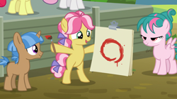 Size: 1920x1080 | Tagged: safe, screencap, apple bloom, kettle corn, mocha berry, sweetie belle, tulip swirl, earth pony, pegasus, pony, unicorn, g4, marks and recreation, 1080p, amd, bipedal, circle painting, colt, female, foal, magnetic hooves, male, mare, reference, reference in the description, reference to amd, reference to logo