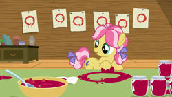 Size: 1920x1080 | Tagged: safe, screencap, kettle corn, earth pony, pony, unicorn, g4, marks and recreation, 1080p, amd, circle painting, female, foal, mare, reference, reference in the description, reference to amd, reference to logo, strawberry jam