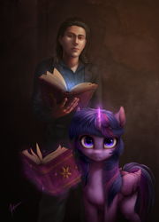 Size: 1600x2223 | Tagged: safe, artist:zetamad, twilight sparkle, alicorn, human, unicorn, g4, book, commission, glowing, glowing horn, horn, magic, magic aura, telekinesis, twilight sparkle (alicorn)