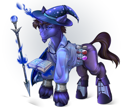 Size: 1298x1158 | Tagged: safe, artist:leastways, oc, oc only, oc:azure lore, pony, unicorn, book, boots, cloak, clothes, commission, facial hair, goatee, hat, horn, long horn, magic, potion, shoes, simple background, solo, staff, transparent background, wizard, wizard hat