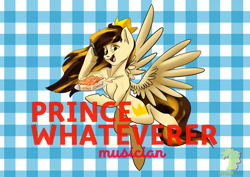 Size: 4961x3508 | Tagged: safe, artist:mekblue, oc, oc only, oc:prince whateverer, pegasus, pony, absurd resolution, collarbone, crown, eponafest, food, fork, jewelry, lasagna, pasta, regalia, slender, solo, sternocleidomastoid, thin