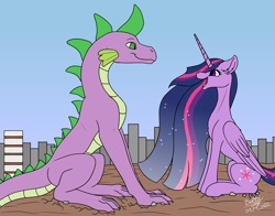 Size: 3662x2876 | Tagged: safe, artist:lightning bolty, spike, twilight sparkle, alicorn, dragon, pony, g4, the last problem, cartoon physics, city, cityscape, colored, colored belly, commission, commissioner:snowy comet, concave belly, cracked ground, cracks, cute, duo, ear fluff, ethereal mane, ethereal tail, eyelashes, female, flat colors, floppy ears, folded wings, gradient mane, hammerspace, hammerspace belly, happy, high res, implied mass vore, long mane, looking at each other, looking at someone, macro, male, older, older spike, older twilight, older twilight sparkle (alicorn), open mouth, open smile, princess twilight 2.0, rubble, ruined city, scaled underbelly, scenery, ship:twispike, shipping, signature, sitting, sky, slender, slit pupils, smiling, smiling at each other, starry mane, starry tail, sternocleidomastoid, straight, striped mane, striped tail, tail, tall, thin, twiabetes, twilight sparkle (alicorn), wall of tags, wings