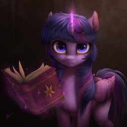 Size: 1600x1600 | Tagged: safe, artist:zetamad, twilight sparkle, alicorn, pony, g4, bangs, book, colored, glowing, glowing horn, horn, lighting, looking at you, magic, magic aura, shading, sidebangs, solo, telekinesis, twilight sparkle (alicorn)