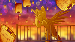 Size: 1920x1080 | Tagged: safe, artist:stesha, oc, pony, advertisement, any gender, any race, belly, chinese new year, commission, fireworks, full body, lantern, looking at something, open mouth, open smile, paper lantern, sky, sky background, smiling, solo, spread wings, wings, your character here