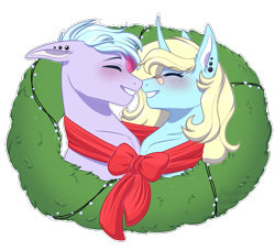 Size: 1100x1000 | Tagged: safe, artist:purplegrim40, oc, oc only, earth pony, pony, unicorn, blushing, bust, clothes, commission, duo, ear piercing, earth pony oc, eyes closed, grin, horn, oc x oc, piercing, scarf, shared clothing, shared scarf, shipping, simple background, smiling, transparent background, unicorn oc, wreath, ych result