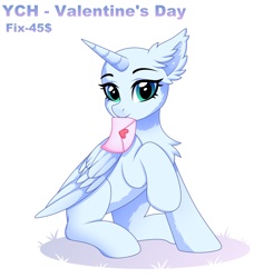 Size: 2500x2549 | Tagged: safe, artist:stesha, oc, pony, advertisement, any gender, any race, chest fluff, commission, ear fluff, full body, hearts and hooves day, high res, holiday, letter, looking at you, love letter, mouth hold, raised hoof, simple background, sitting, solo, valentine's day, white background, your character here