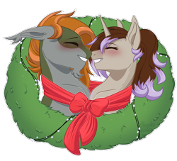 Size: 1100x1000 | Tagged: safe, artist:purplegrim40, oc, oc only, earth pony, pony, unicorn, blushing, bust, clothes, commission, duo, earth pony oc, eyes closed, floppy ears, grin, horn, oc x oc, scarf, shared clothing, shared scarf, shipping, simple background, smiling, transparent background, unicorn oc, wreath, ych result