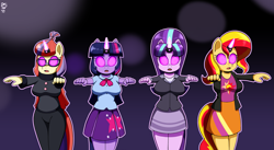Size: 2633x1442 | Tagged: safe, artist:dr. chaos, moondancer, starlight glimmer, sunset shimmer, twilight sparkle, unicorn, anthro, big breasts, breasts, busty moondancer, busty starlight glimmer, busty sunset shimmer, busty twilight sparkle, clothes, cutie mark on clothes, equestria girls outfit, female, glasses, horn, horn ring, hypno eyes, kaa eyes, mind control, ring, s5 starlight, skirt