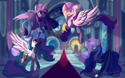 Size: 3637x2260 | Tagged: safe, artist:brybrychan, princess cadance, princess celestia, princess luna, twilight sparkle, alicorn, bat pony, changeling, dragon, griffon, hybrid, longma, original species, pony, timber pony, timber wolf, g4, alicorn tetrarchy, alternate design, colored, concave belly, flying, high res, indoors, lighting, physique difference, shading, slender, species swap, thin, transformation, twilight sparkle (alicorn)
