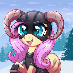 Size: 4000x4000 | Tagged: safe, artist:confetticakez, fluttershy, pegasus, pony, g4, absurd resolution, armor, armored pony, badass, crossover, cute, dovahkiin, dovahshy, female, flutterbadass, heart, heart eyes, helmet, horned helmet, mare, open mouth, open smile, parody, shyabetes, skyrim, smiling, snow, solo, the elder scrolls, tree, wingding eyes