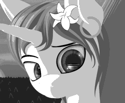 Size: 886x730 | Tagged: safe, artist:styroponyworks, dj pon-3, vinyl scratch, pony, unicorn, g4, dithering, ear piercing, earring, flower, flower in hair, gif, grayscale, jewelry, monochrome, non-animated gif, piercing, solo, wip