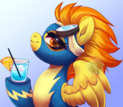 Size: 878x768 | Tagged: safe, artist:cabbage-arts, spitfire, pegasus, pony, clothes, drinking straw, female, food, glass, goggles, goggles on head, hoof hold, ice cube, mare, orange, raised hoof, solo, uniform, wonderbolts, wonderbolts uniform