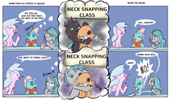 Size: 3400x2000 | Tagged: safe, artist:skunkstripe, ocellus, silverstream, swift foot, changeling, hippogriff, pony, thracian, g4, comic, dialogue, dumb yung-six comics, dummy, female, high res, mare, nail file, neck snap, pre changedling ocellus, simple background, sweat, sweatdrop