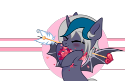 Size: 3382x2209 | Tagged: safe, artist:idkhesoff, oc, oc only, oc:elizabat stormfeather, alicorn, bat pony, bat pony alicorn, pony, :p, alicorn oc, arrow, bat pony oc, bat wings, blushing, eyes closed, female, heart, heart arrow, high res, holiday, horn, mare, simple background, solo, tongue out, transparent background, valentine's day, wings