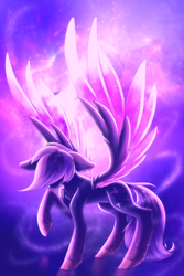 Size: 4000x6000 | Tagged: safe, artist:shad0w-galaxy, oc, oc only, oc:shadow galaxy, pegasus, pony, absurd resolution, chest fluff, ethereal mane, ethereal wings, female, hooves, magic, mare, reflection, slender, solo, starry mane, starry wings, stars, thin, unshorn fetlocks, wings