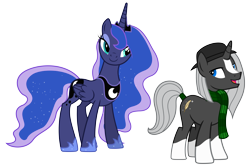 Size: 7464x4973 | Tagged: safe, artist:90sigma, artist:vector-brony, edit, vector edit, princess luna, oc, oc:night quill, alicorn, pony, unicorn, g4, .svg available, absurd resolution, bedroom eyes, blaze (coat marking), canon x oc, clothes, coat markings, duo, facial markings, female, hat, height difference, luill, male, open mouth, physique difference, scarf, shipping, simple background, socks (coat markings), stallion, straight, striped scarf, tail, tail wrap, transparent background, vector