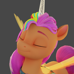 Size: 1920x1920 | Tagged: safe, artist:anthonystt, sunny starscout, alicorn, earth pony, pony, g5, 3d, artificial horn, artificial wings, augmented, bag, blender, coat markings, cute, eyes closed, female, mane stripe sunny, solo, wings