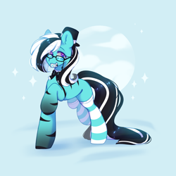 Size: 1800x1800 | Tagged: source needed, useless source url, safe, artist:cofiiclouds, oc, oc only, oc:purapoint, earth pony, pony, blue pony, clothes, earth pony oc, glasses, hat, socks, solo, striped socks, top hat